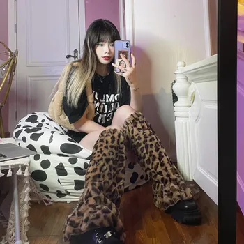 Punk Leopar Vintage bacak ısıtıcısı Kadın Harajuku Kore Moda Gotik Çorap Emo Y2K Estetik Alt Kış Baggy Diz Kollu Bacak