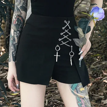 Punk Sahte İki Parçalı Mini Etek Kuşgözü Kolye Kolye Kadınlar 2021 Gotik Koyu Siyah Seksi Bandaj Bölünmüş Mini Etek Yaz