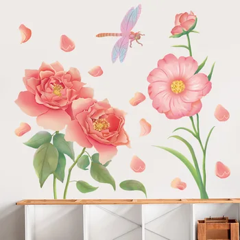Renkli Çiçekler Duvar Sticker Yeşil Bitki Yusufçuk Çıkarılabilir Duvar Çıkartmaları DIY Kendinden yapışkanlı Oturma Odası Arka Plan Duvar Kağıtları