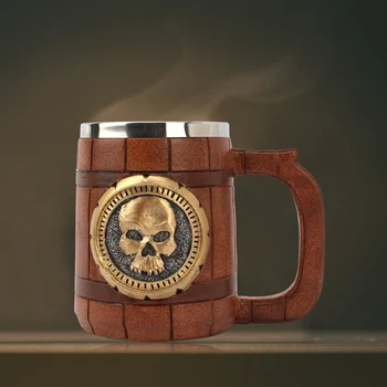 Retro Kafatası Ahşap Varil Fincan 3D Reçine Paslanmaz Çelik bira kupası Şövalye Cadılar Bayramı Çay Kahve Fincanı Pub Bar Dekorasyon