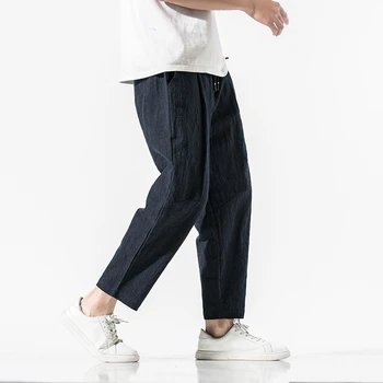 Retro Pamuk Keten Geniş Bacak Pantolon erkek Moda Düz Pantolon Rap Hip Hop Streetwear Erkekler Rahat Uzun Pantolon Kung Fu