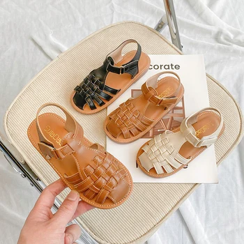 Retro Örgü çocuk sandaletleri Yaz Erkek Kapalı Ayak plaj sandaletleri Toddler Bebek Kız kaymaz Yumuşak düz ayakkabı Deri Roma Sandalet