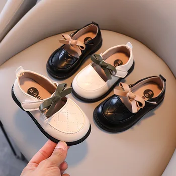 Sevimli Yay Kız Prenses Ayakkabı Bahar Sonbahar Kolej Tarzı Bebek Kız deri ayakkabı Yumuşak Alt kaymaz Mary Jane Ayakkabı Daireler