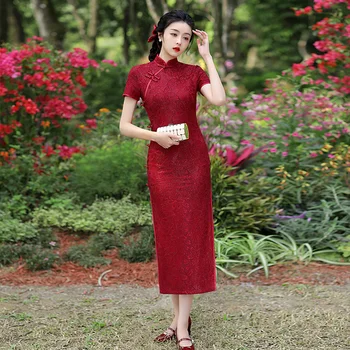 Sheng Coco Şarap Kırmızı Dantel Çin Qipao Elbiseler Cheongsam Çin Moda Elbise Ziyafet Gelin Çiçekler Qi Pao Elbise Artı Boyutu 4XL