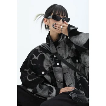 Siyah denim ceket Harajuku Gotik punk kravat boyalı kırpma ceket düğmesi şık ceket cep hip-hop sonbahar kış ceket kadın kıyafetleri
