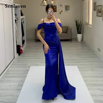 Smileven Kraliyet Mavi Mermaid Akşam Elbise Kapalı Omuz Yüksek Yan Bölünmüş balo kıyafetleri Yeni Varış Ünlü Elbiseleri Parti Törenlerinde