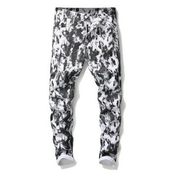 Sonbahar erkek Siyah Beyaz Kot Gece Kulübü Hip Hop Pantolon Ince Moda Biker Rock Tarzı Giyim