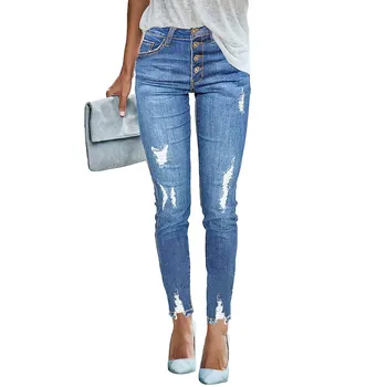Sonbahar Kadın Kot Düğmeleri Sinek Deliği Rahat Kot Kot Kadın Moda Yüksek Bel Slim Fit Düz Renk Pantolon Mavi Kalem Jean