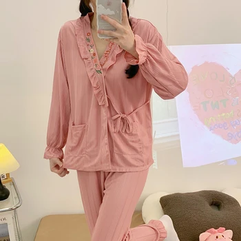 Sonbahar Kış Kadın Pijama Setleri Kimono Bornoz Tarzı Kadın Zarif Ev Pijama Giyim Yumuşak Ince Pamuklu Kadın Pijama Seti