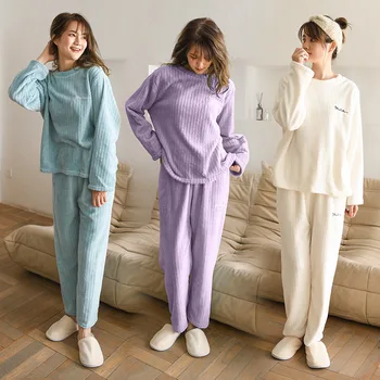 Sonbahar Kış Pazen Kadın Pijama Setleri Sıcak Peluş Uzun Kollu Üstleri + pantolon seti Kore 2 Parça Takım Elbise Gecelik Rahat Loungewear