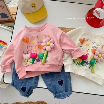 Sonbahar Toddler Kız Kontrast Baskı Tişörtü Çocuklar pamuklu giysiler Yeni Bebek Kız Üç Boyutlu Çiçek T Shirt Hoodies Tops