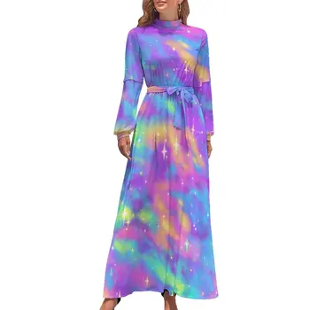 Soyut Yıldız Baskı Elbise Pastel Galaxy Kore Moda Plaj Elbiseleri Kadın Uzun Kollu Yüksek Bel Moda Uzun Maxi Elbise
