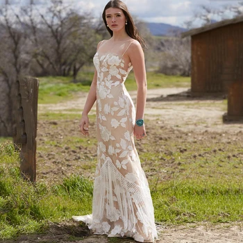 Spagetti Sapanlar Seksi Tekne Boyun Aplikler Dantel Püskül Backless Tül A-Line düğün elbisesi 2022 Vestido De Noiva gelin kıyafeti