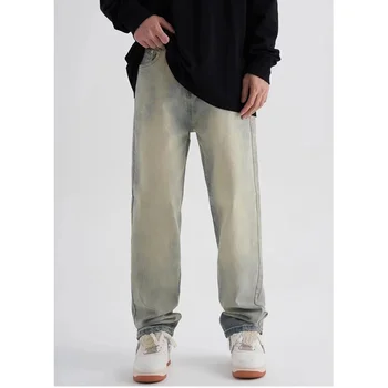 Streetwear Erkekler 2022 Yeni Desen Eğlence Geniş Bacak düz pantolon Silindir Rahat Gevşek Açık Renk Kot Sonbahar Kadın