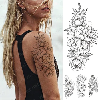 Su geçirmez Geçici Dövme Etiket Şakayık Çiçek Siyah Flaş Dövmeler Kadın Minimalist Çizgi Kol Uyluk Vücut Sanatı Sahte Dövme Erkek