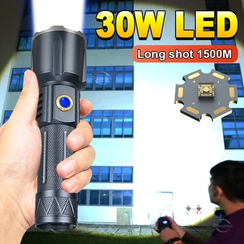 Süper Yüksek Güç LED el fenerleri 30W Güçlü Taktik El Feneri Torch Uzun Atış 1500M 5 Modları Kamp Avcılık El Lambası Fener