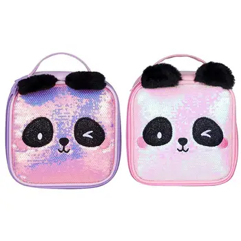 Taşınabilir Kozmetik Çantası Pullu Sevimli Panda Seyahat makyaj kutusu Çantası Sihirli Pullu Çanta Glitter Kalem Çantası Küçük Makyaj Organizatör