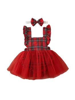 Toddler Bebek Kız noel kıyafeti Kırmızı Ekose Tutu Elbise Kolsuz Sinek Kollu Romper Prenses Tatil Parti Elbiseler Güz