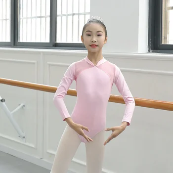 Toptan Yüksek Kalite Çocuk Kız Bale Dans Giyim Pamuk Spandex Mock Boyun Pembe Siyah Mavi Uzun Kollu Mayoları