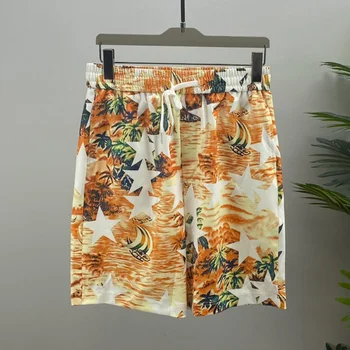 Turuncu Yıldız Çiçek Baskı Rahat Plaj Tatil erkek Şort Hawaii Şort Streetwear Yaz Streetwear Erkekler Bermuda Kısa