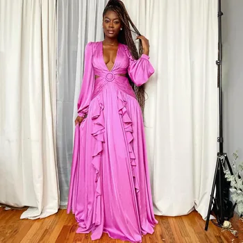 V Yaka Uzun Kollu A-Line Abiye Ruffles Saten Elbise Pürüzsüz Balo elbisesi Katmanlı İpek Kadın Giyim Hiç Güzel