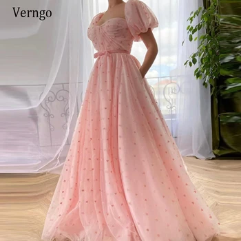 Verngo Prenses Bebek Pembe Doyurucu Tül balo kıyafetleri 2021 Bir Çizgi Puf Kollu Sevgiliye Kadife Yay Kanat Uzun Abiye giyim