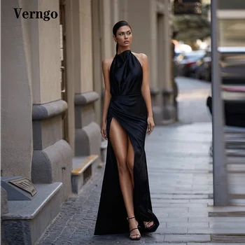 Verngo Siyah Saten Uzun Abiye Jewel Boyun Yüksek Yarık Kadınlar Örgün Balo Elbise Custom Made Parti Kıyafeti Robe de soiree