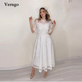 Verngo Vintage Glitter Beyaz Dantel Gelinlik Yüksek Boyun Yarım Kollu Midi Uzunluğu gelinlikler Arapça Kadınlar Robe de mariage