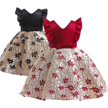 Vestido Noel Kostüm 2022 Yeni Kız Uçan Kollu Prenses Elbiseler Çocuk Balo Abiye Örgü Parti Elbise 2-10Y