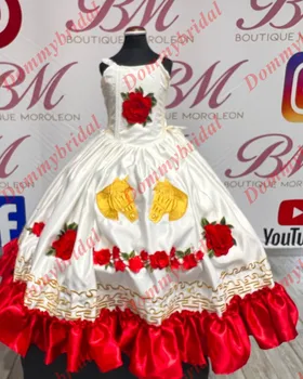 Vintage Kırmızı ve Beyaz Bir çizgi Küçük Kızlar Pageant Balo Parti Kokteyl Elbise Meksika Charro Tarzı Askıları ile Altın Nakış