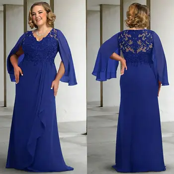Vintage Uzun Kraliyet Mavi anne Gelin Elbiseler Artı Boyutu V Yaka Kat Uzunluk Şifon Dantel Düğün Konuk Elbise Pleats İle