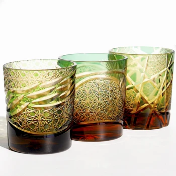 Viski bardağı Japon Edo Kiriko El Kesim Kristal Cam Bardak Yeşil Kurşunsuz El Yapımı Kaplama Cam 8 Ons