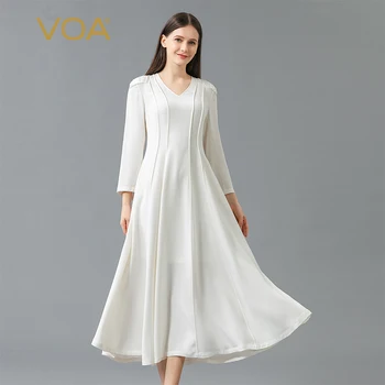 VOA Ofis Bayanlar Sonbahar Dokuz Puan Kollu Zarif Katı 100 % Ipek Elbise Basit V Yaka Nedensel Beyaz A-Line Uzun Elbiseler AE1033