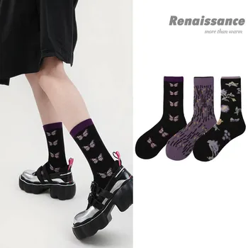 WYXCEN 3 çift / takım Rönesans kadın Çorap 2022 Sonbahar Retro Karikatür Çorap kadın Pamuk Çorap Çizgili Trend Çorap