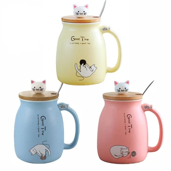 Yaratıcı karikatür ısıya dayanıklı renk kedi kapaklı kupa 450 ml yavru Fincan kahve seramik kupalar çocuklar fincan ofis Drinkware hediye