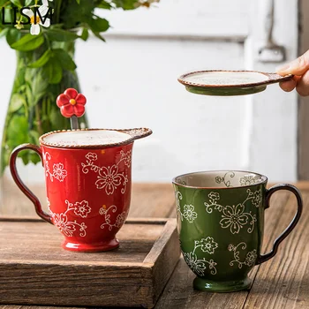 Yaratıcı Retro Kahve Kupa Kapağı Seramik Kırmızı Çiçekler Lüks Öğleden Sonra çay bardağı seti Tazas De Cafe Çift Süt Türk Kahve Fincanları