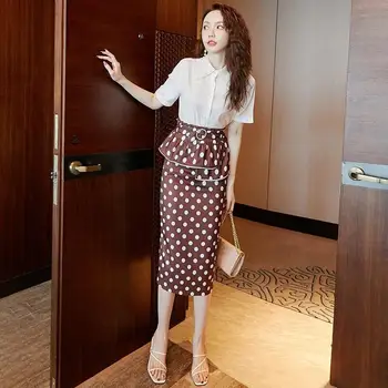 Yaz Kadın Yeni Vintage İki Parçalı Setleri 2021 Moda Düz Renk Gömlek Üst + Nokta Baskı Kalem Orta buzağı Uzunluğu Etek Takım Elbise W61