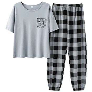 Yaz Pijama Seti Kadın Rahat Pamuk Renkli Pijama Kısa Kollu Üstleri Uzun Pantolon Bayanlar Pj Seti Ev Takım Elbise