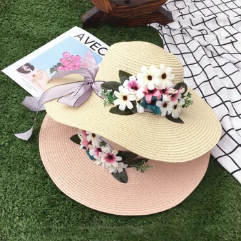 Yaz Şapka Bayan Tur Tatil Çiçekler Kurdela İlmek Kadın Güneşlik Şapka Kore Versiyonu Plaj Serin Güneş Koruyucu Nefes Kap H180