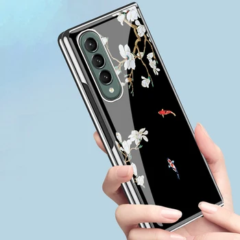 Yeni Funda samsung kılıfı Galaxy Z Kat 4 Z Kat 3 2 Gül Çiçek Balık Desen Kaplama Temperli Cam Coque telefon kılıfı Kapak