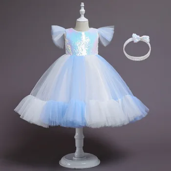 Yeni Kız Pullu Kelebek Kollu Renk Elbise Kız Doğum Günü Balo Parti Çiçek Elbise Prenses Ziyafet Vaftiz Akşam Yemeği Elbise Weddin