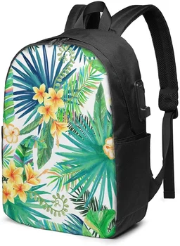 Yeni Tropikal Bitki Yeşil iş Dizüstü Okul Bookbag seyahat sırt çantası ile USB şarj portu ve Kulaklık Portu Fit 17 in