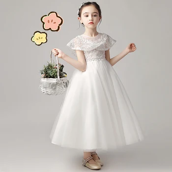 Yeni Çiçek Kız Düğün Töreni Elbiseler Akşam Çocuk Parti Dantel Zarif Prenses Orta uzunlukta İlk Communion Resmi Elbise
