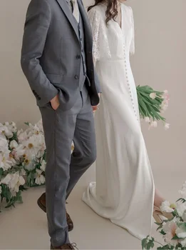 Zarif Basit Parlama Kollu Plaj Derin V Yaka İpek Saten Düğme Yarık Dantel düğün elbisesi Gelin gelinlik Elbiseler de mariée