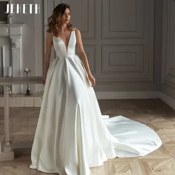 Zarif Basit Saten düğün elbisesi Kadınlar İçin 2022 Pleats A-line Derin V Yaka Kolsuz Backless İnci gelin kıyafeti
