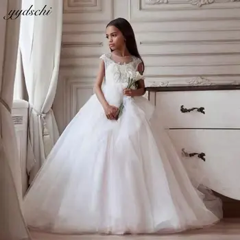 Zarif Beyaz Cap Kollu tül Çiçek Kız Elbise Düğün İçin 2022 A-Line Dantel Aplikler Prenses Pageant İlk Communion elbise