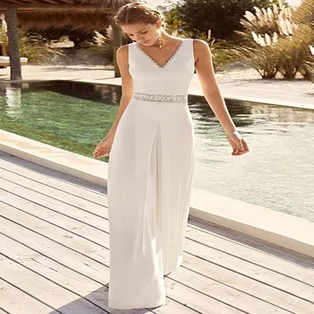 Zarif Beyaz Tulum düğün elbisesi 2021 V Yaka Dantel Aplikler Kolsuz Backless Şifon Leke Pantolon Gelin Vestidos Noiva