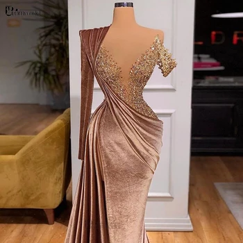 Zarif Fas Mermaid Abiye Uzun Kollu Kadife Resmi Elbise Altın Boncuk Elbiseler De Soirée Femme Seksi Balo Abiye 2021