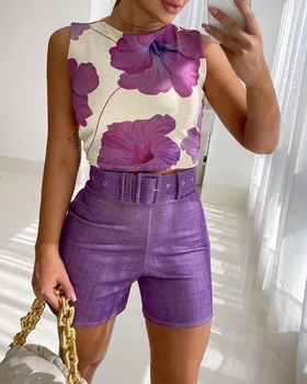 Zarif Kadın Şort Takım Elbise İki Parçalı Setleri Rahat Kolsuz Mor Çiçek Yelek Üstleri ve şortlar seti 2022 Yaz Yeni Kemer ile