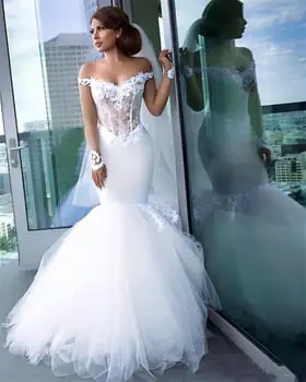 Zarif Mermaid Dantel Aplikler düğün elbisesi Sevgiliye Illusion Kapalı Omuz Uzun Kollu Artı Boyutu düğün elbisesi gelinlikler
